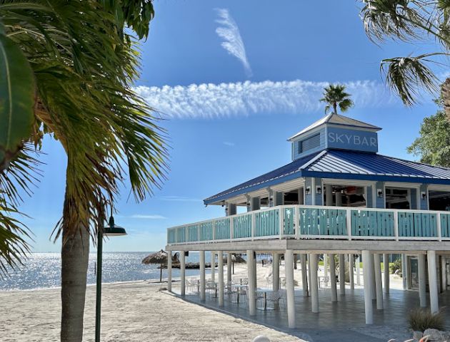 A beachside bar on stilts with a blue roof, labeled "Skybar," surrounded by palm trees, and overlooking the ocean.